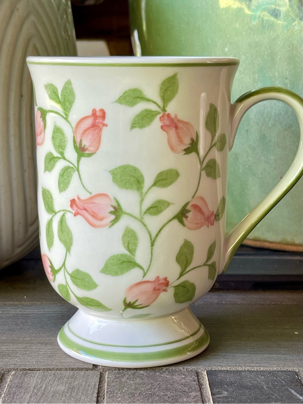VTG Floral Pink Rosebud Porcelain Pedestal Tea Cup Coffee Mug - Green Trim EUC
